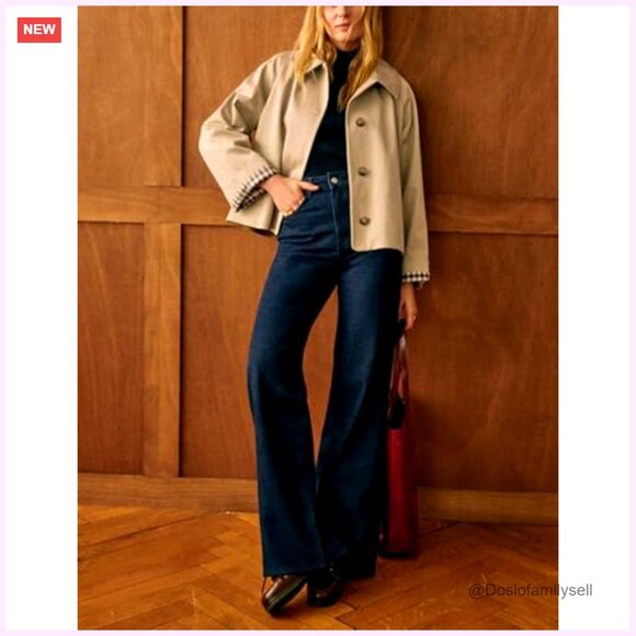 Oversized Trench Coat Casual Cropped Jacket with Plaid Lining and Pockets - Picture 3 of 7